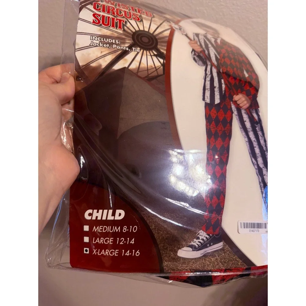 Spirit Halloween Kids Twisted Circus Suit Clown Costume Red Black XL 14-16
